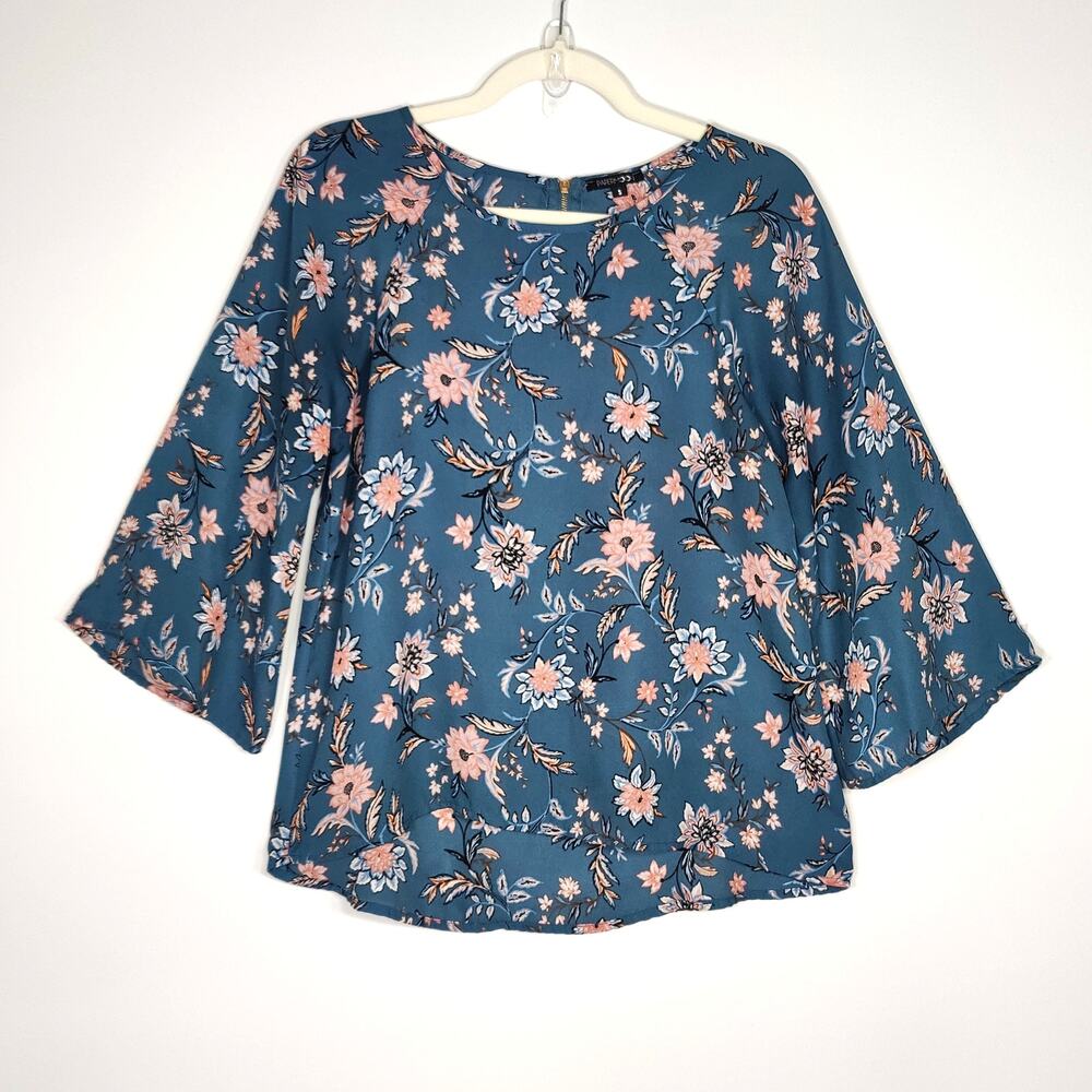 Paper Moon Teal Floral Blouse Pink Romantic Career Top Zip Back S